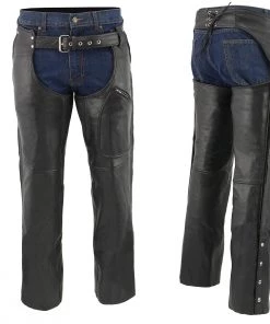Genuine Leather Motorcycle Pants & Chaps Men's XS43401 Black Thermal Lined 3 Pocket Leather Motorcycle Chaps