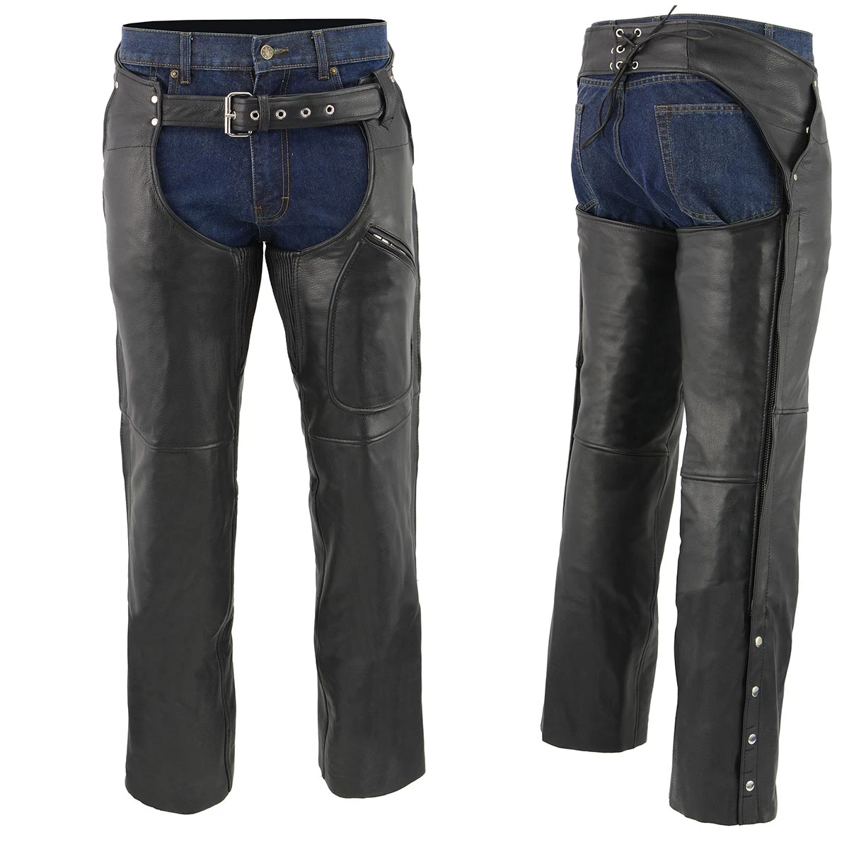 Genuine Leather Motorcycle Pants & Chaps Men's XS43401 Black Thermal Lined 3 Pocket Leather Motorcycle Chaps