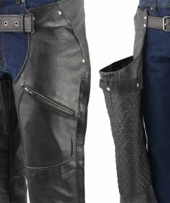 Genuine Leather Men's XS43404 3-Pocket Black Thermal Lined Leather Motorcycle Chaps