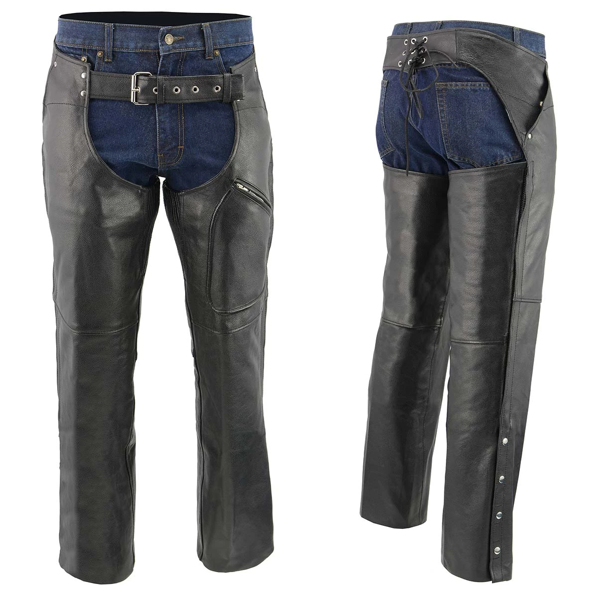 Genuine Leather Men's XS43404 3-Pocket Black Thermal Lined Leather Motorcycle Chaps