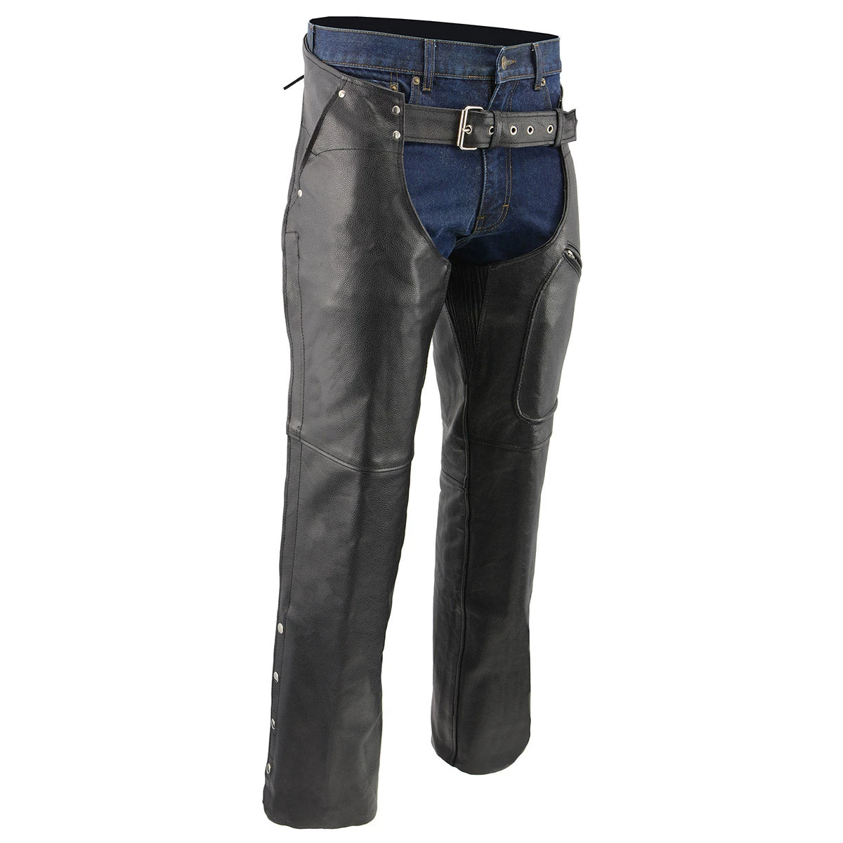 Genuine Leather Men's XS43404 3-Pocket Black Thermal Lined Leather Motorcycle Chaps