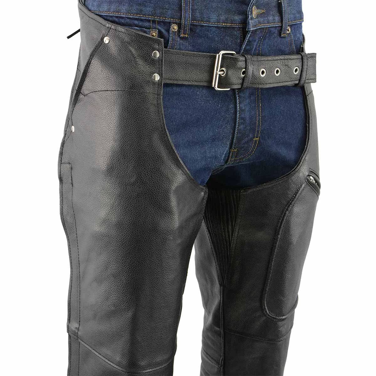 Genuine Leather Men's XS43404 3-Pocket Black Thermal Lined Leather Motorcycle Chaps