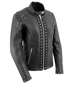 Xelement XS631'Raven' Ladies Black Premium Cowhide Leather Jacket With Zip-Out Liner
