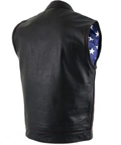 Motorcycle Vests Xelement XS6665 Men's'Old Glory' Leather Vest With Red Stitching And USA Inside Flag Lining