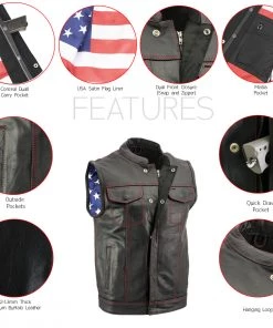 Motorcycle Vests Xelement XS6665 Men's'Old Glory' Leather Vest With Red Stitching And USA Inside Flag Lining