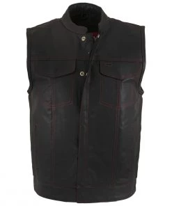 Motorcycle Vests Xelement XS6665 Men's'Old Glory' Leather Vest With Red Stitching And USA Inside Flag Lining