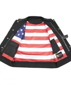 Motorcycle Vests Xelement XS6665 Men's'Old Glory' Leather Vest With Red Stitching And USA Inside Flag Lining