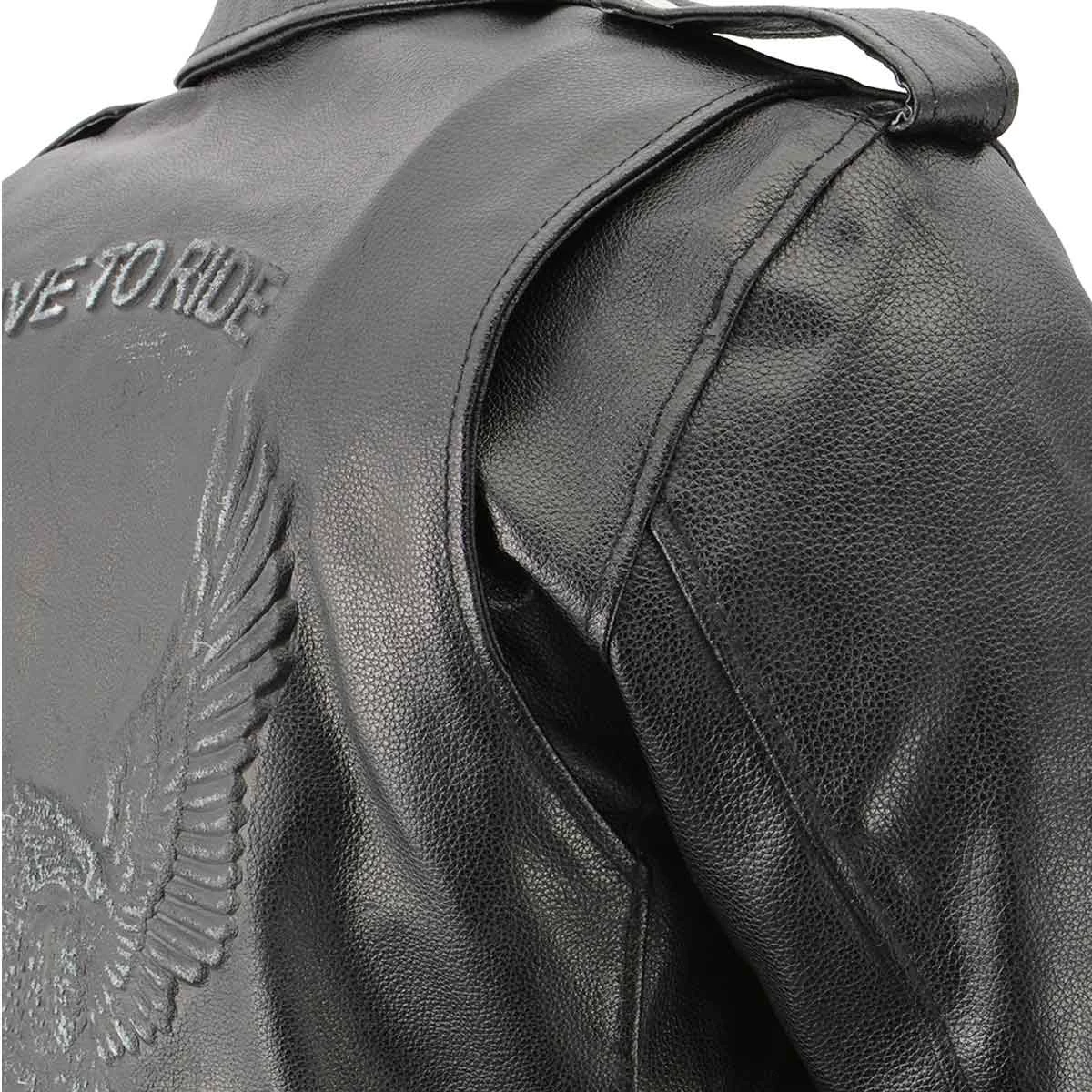 Genuine Leather Men's XS703 Black Embossed 'Live To Ride, Ride To Live' Classic Motorcycle Jacket