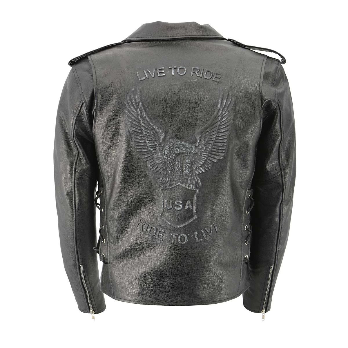 Genuine Leather Men's XS703 Black Embossed 'Live To Ride, Ride To Live' Classic Motorcycle Jacket