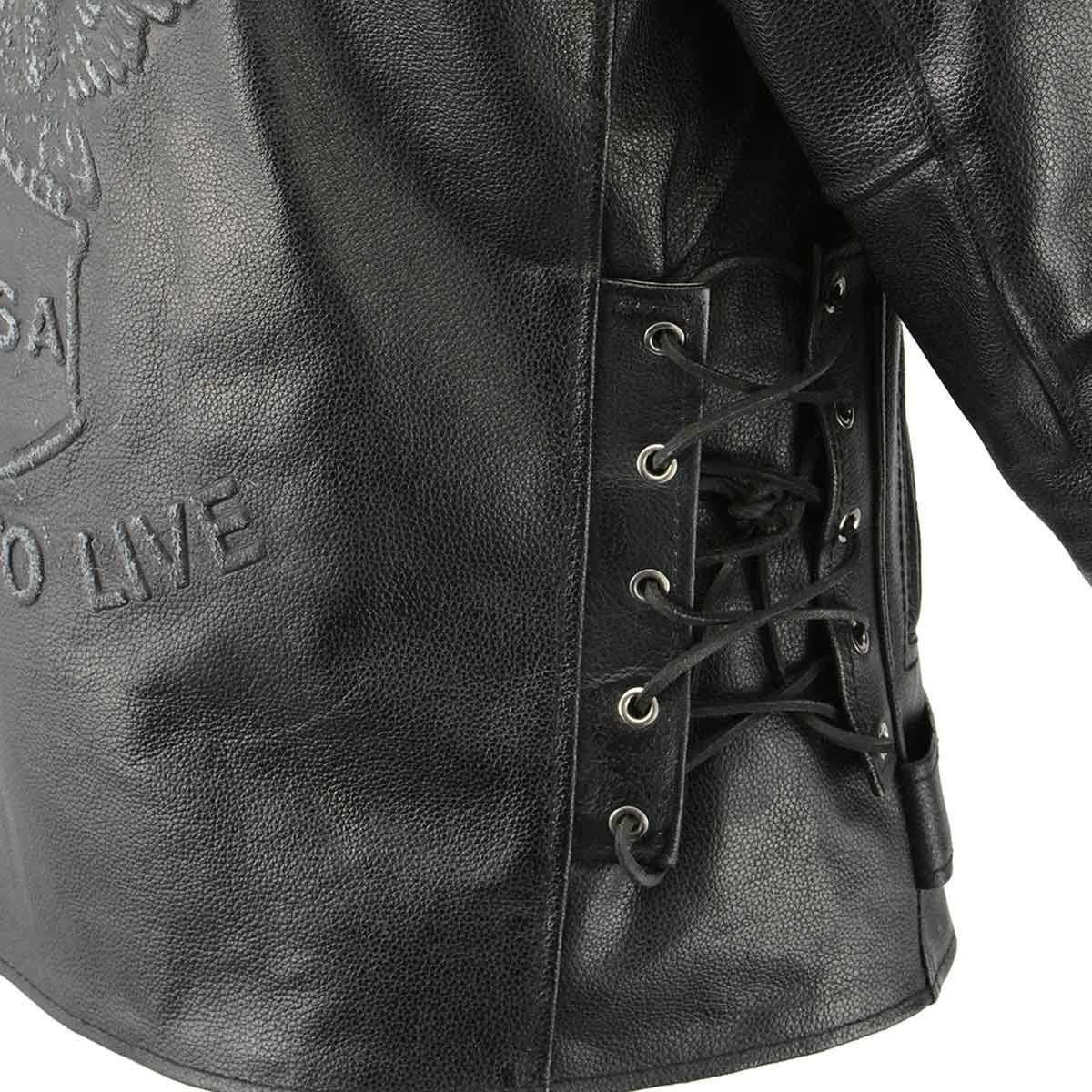Genuine Leather Men's XS703 Black Embossed 'Live To Ride, Ride To Live' Classic Motorcycle Jacket