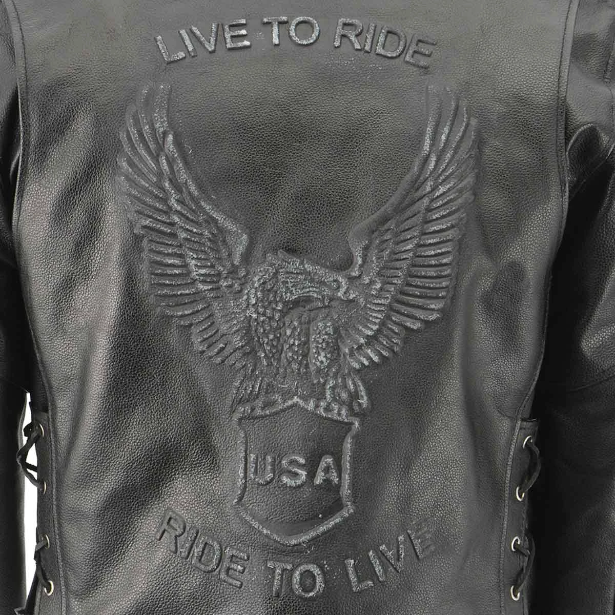 Genuine Leather Men's XS703 Black Embossed 'Live To Ride, Ride To Live' Classic Motorcycle Jacket