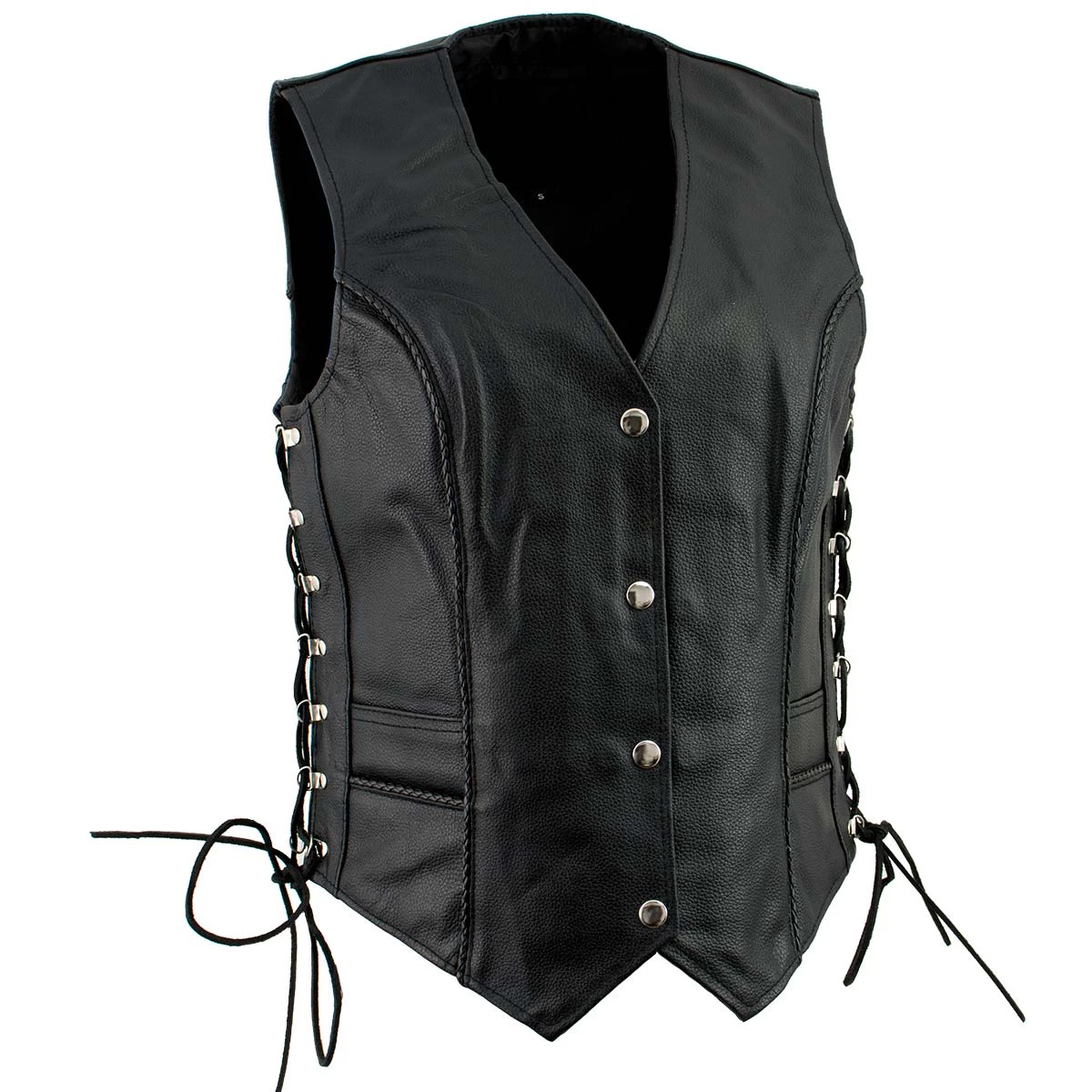 Genuine Leather Ladies XS761 Classic Braided Leather Vest With Side Laces Motorcycle Vests