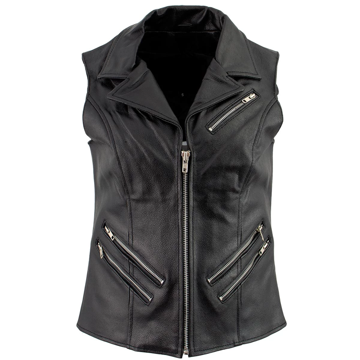 Genuine Leather Ladies XS773 Black Zippered M/C Lapel Leather Vest
