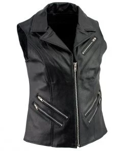 Genuine Leather Ladies XS773 Black Zippered M/C Lapel Leather Vest
