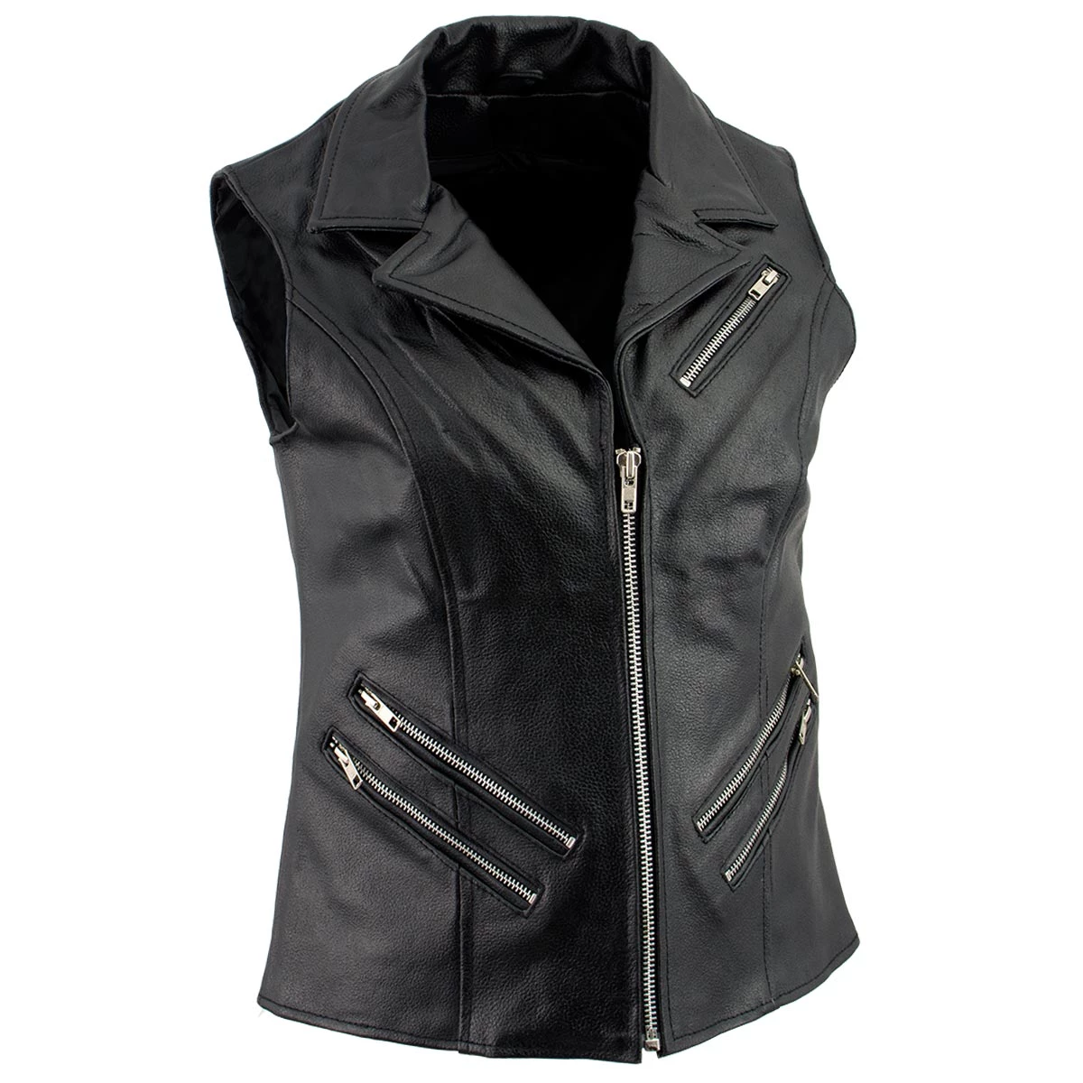 Genuine Leather Ladies XS773 Black Zippered M/C Lapel Leather Vest