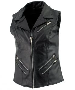 Genuine Leather Ladies XS773 Black Zippered M/C Lapel Leather Vest