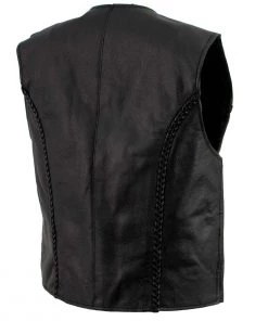 Genuine Leather Motorcycle Vests Ladies XS776 Black Braided Motorcycle Vest With Zipper Closure