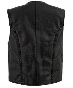 Genuine Leather Motorcycle Vests Ladies XS776 Black Braided Motorcycle Vest With Zipper Closure