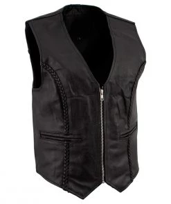 Genuine Leather Motorcycle Vests Ladies XS776 Black Braided Motorcycle Vest With Zipper Closure