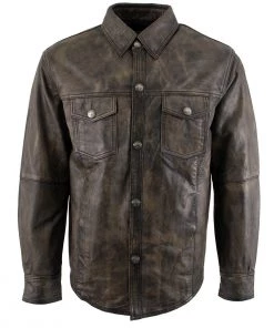 Conceal Carry Xelement XS942 Men's 'Nickel' Distressed Brown Leather Shirt With Vintage Buffalo Buttons