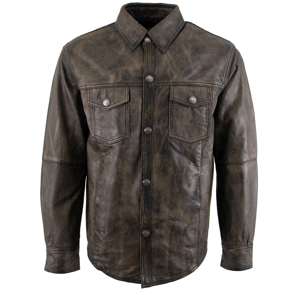 Conceal Carry Xelement XS942 Men's 'Nickel' Distressed Brown Leather Shirt With Vintage Buffalo Buttons