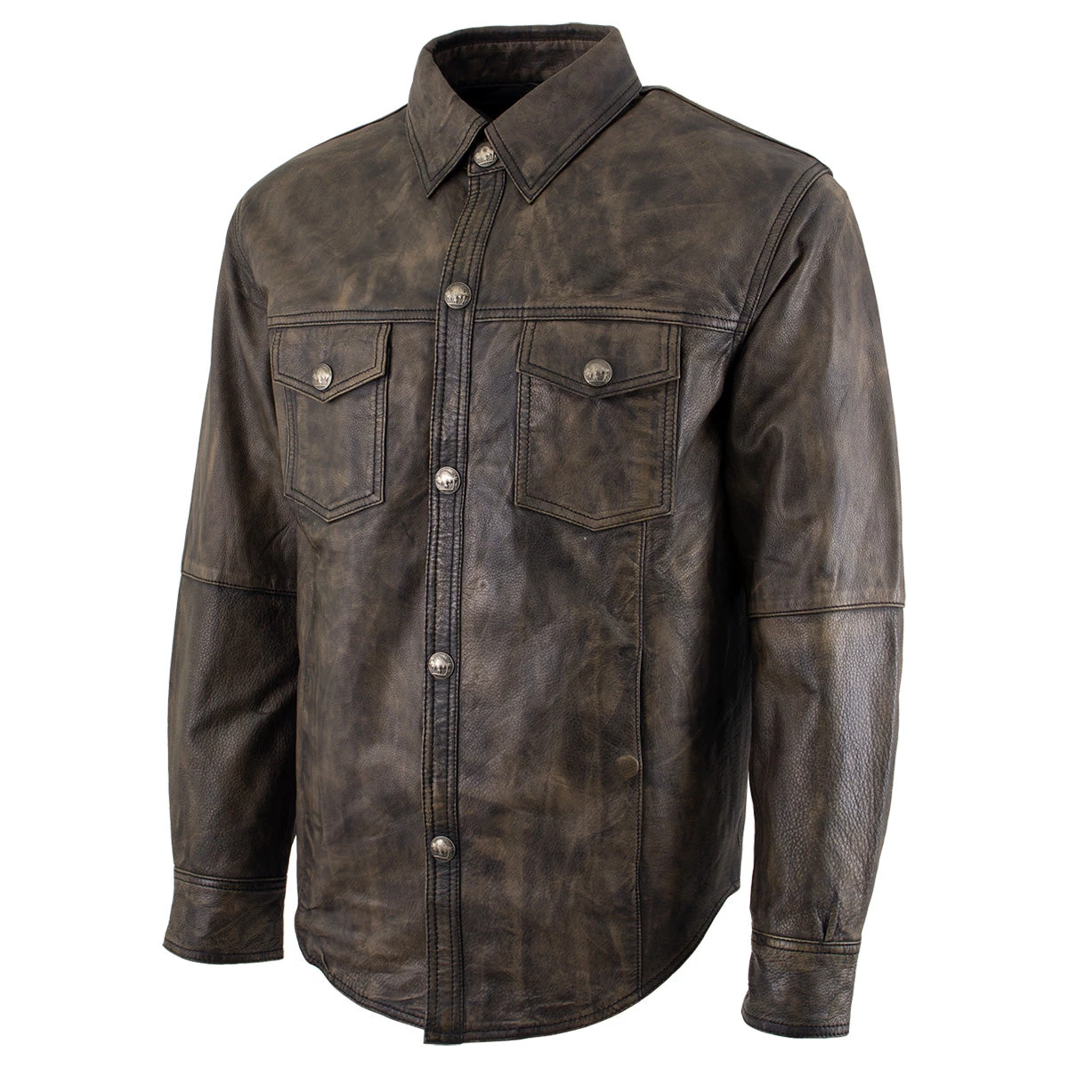 Conceal Carry Xelement XS942 Men's 'Nickel' Distressed Brown Leather Shirt With Vintage Buffalo Buttons