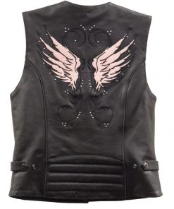 Milwaukee Leather XS1293 Ladies ‘Winged’ Black And Pink Studded Leather Vest Motorcycle Vests