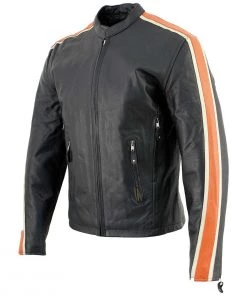 Hot Leathers XSM1007 Men's Black Motorcycle Jacket With Orange And Cream Stripes